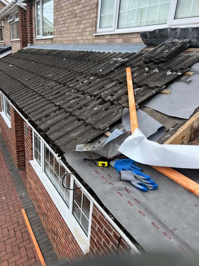 This is a photo of a pitched roof which is being repaired. The existing roof was leaking badly. Works carried out by Wingerworth Roofing Repairs